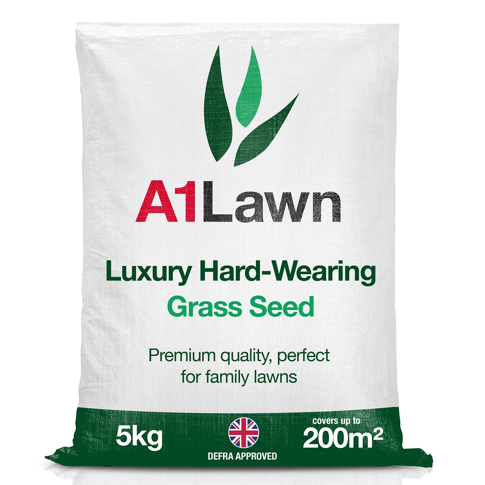 Bag of A1Lawn luxury hard-wearing grass seed on a white background