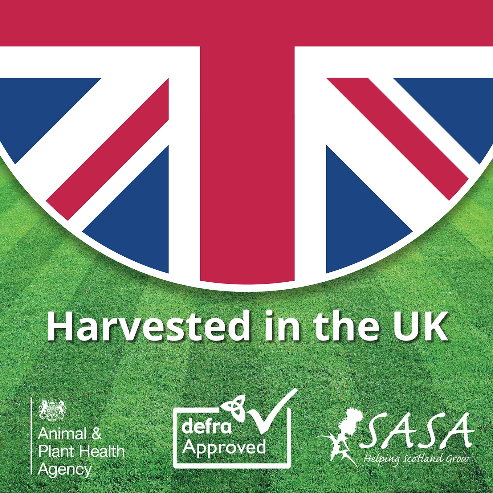 Union Jack flag with 'Harvested in the UK' text and logos of APHA, Defra, and SASA on a green background.