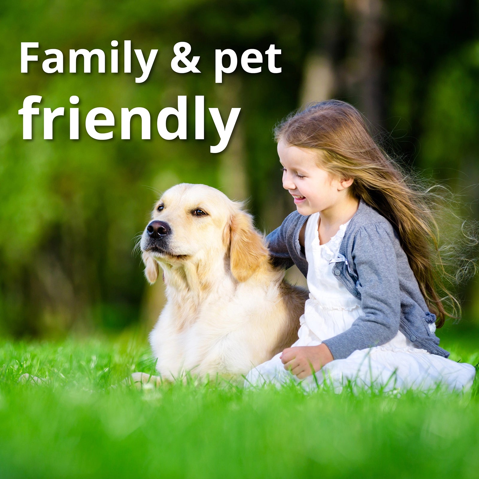 Child sitting with a dog on grass with text 'Family & pet friendly'.