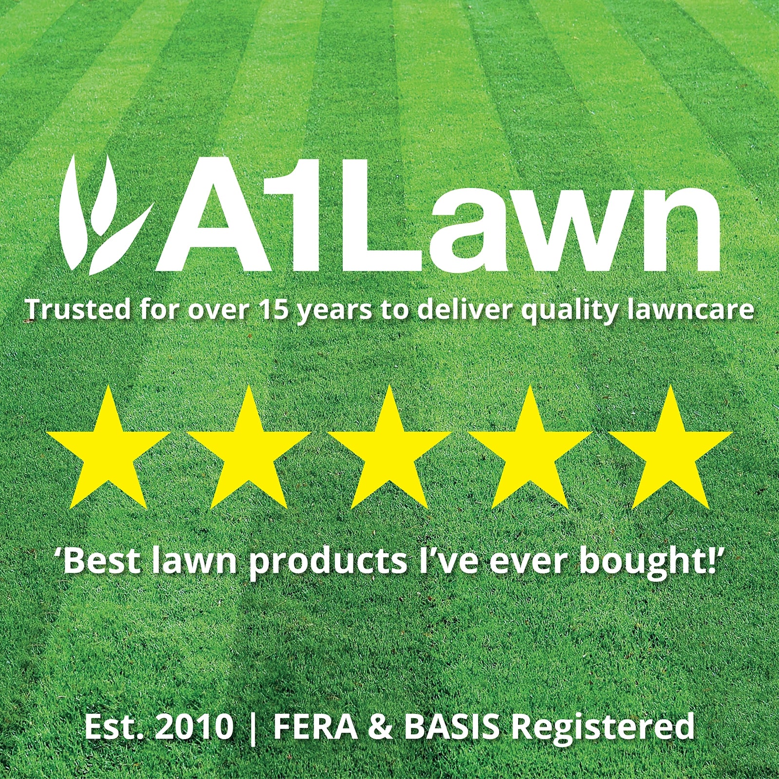 A1Lawn advertisement with five yellow stars on a green lawn background