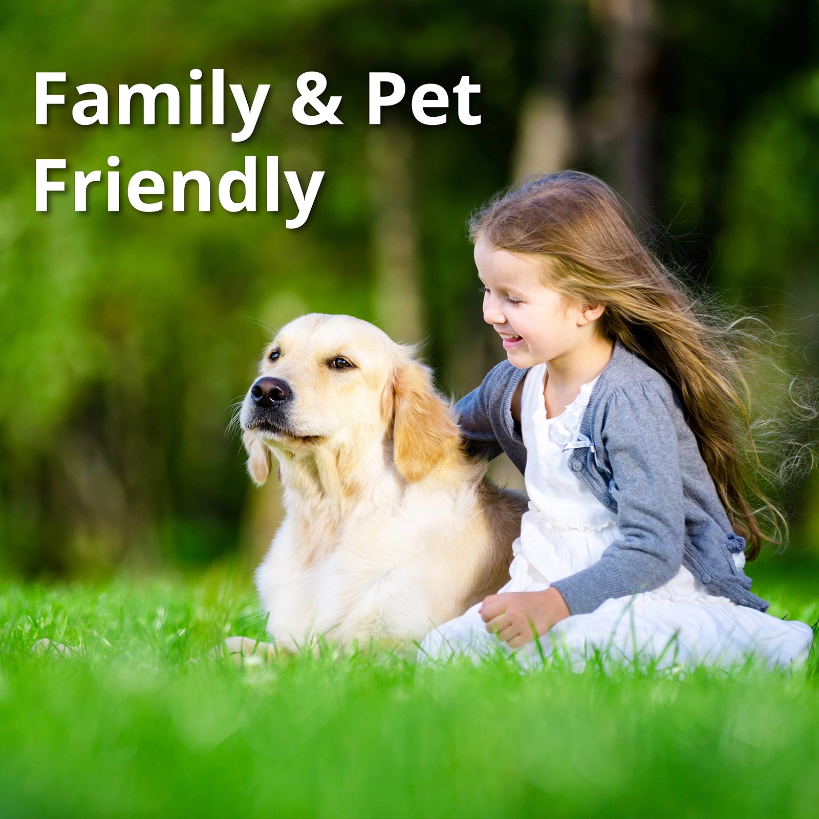 Child sitting on grass with a dog, with text 'Family & Pet Friendly' above.