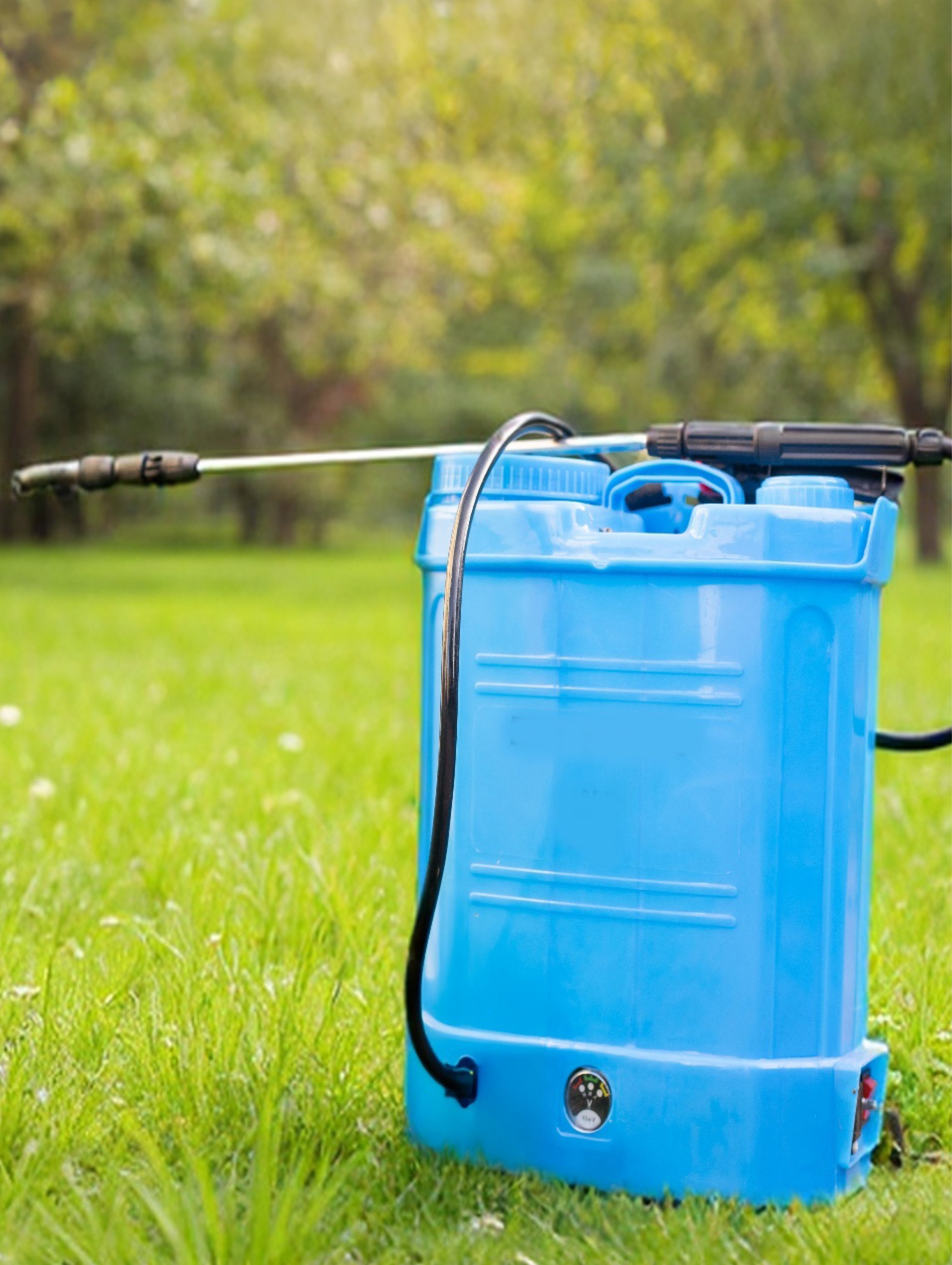 A blue knapsack sitting on a garden lawn.