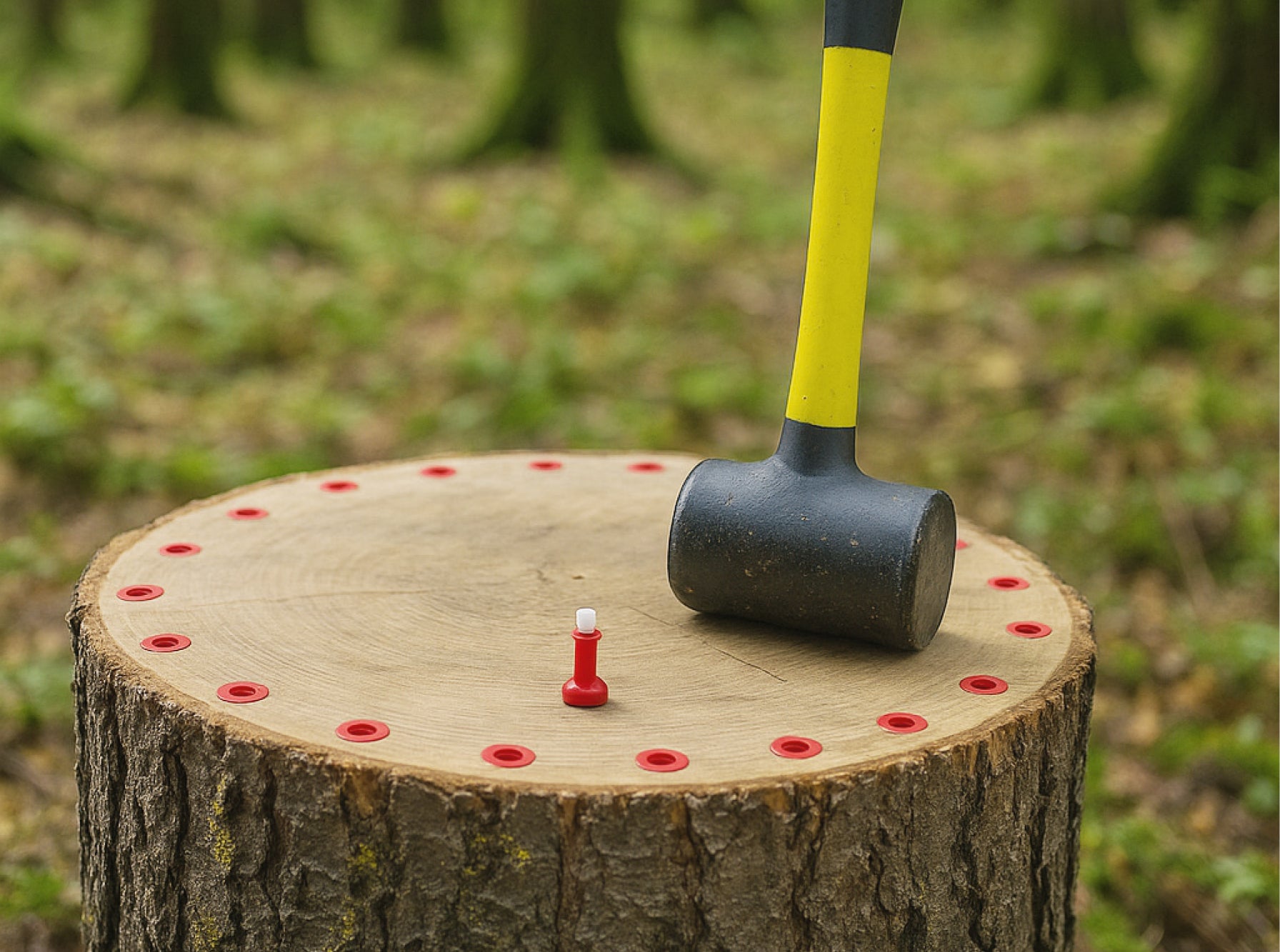 A tree stump with ecoplugs hammered in and a mallet resting on top of the stump.