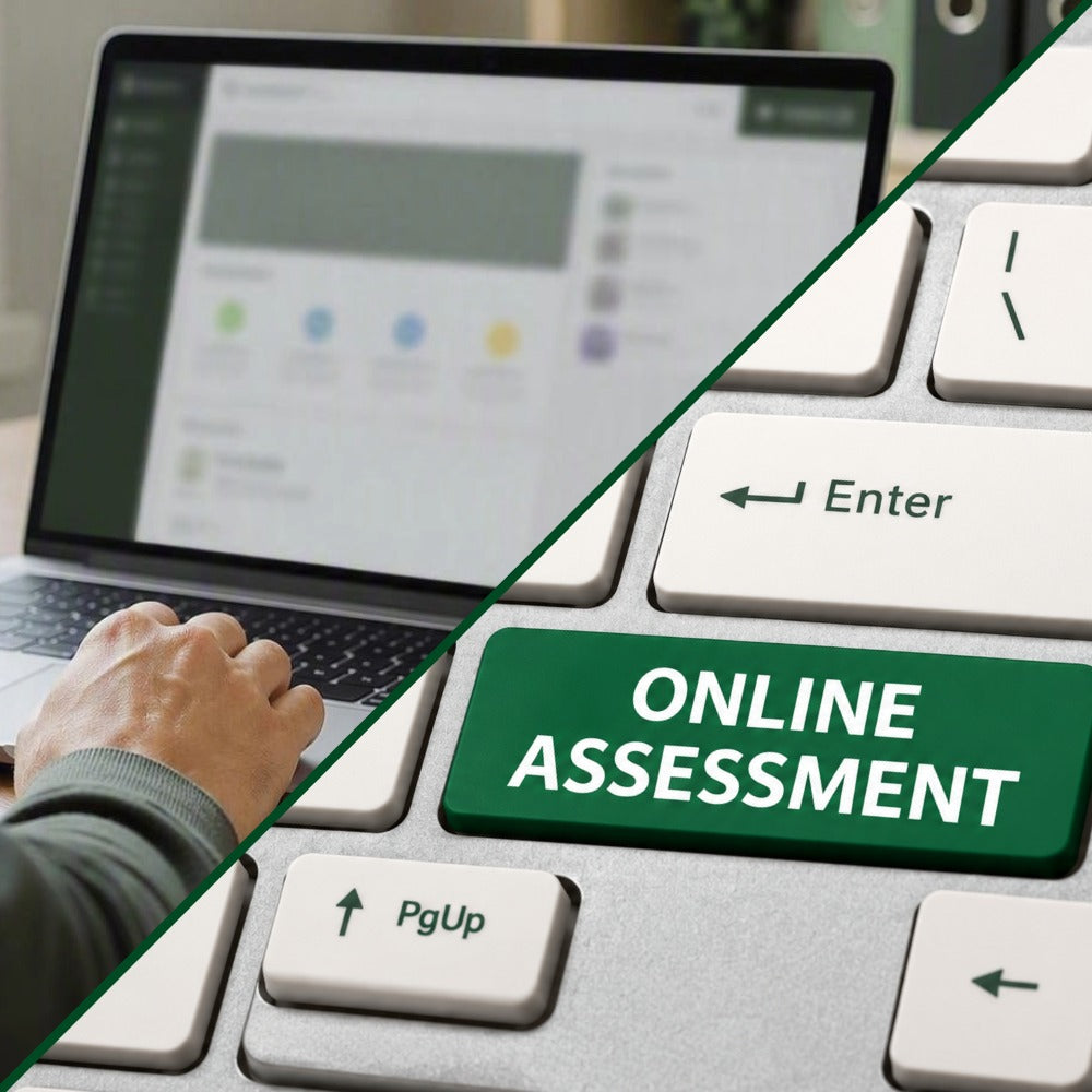 Split image of someone completing online training at a laptop and an image of a keyboard with a dark green key marked 'ONLINE ASSESSMENT'.