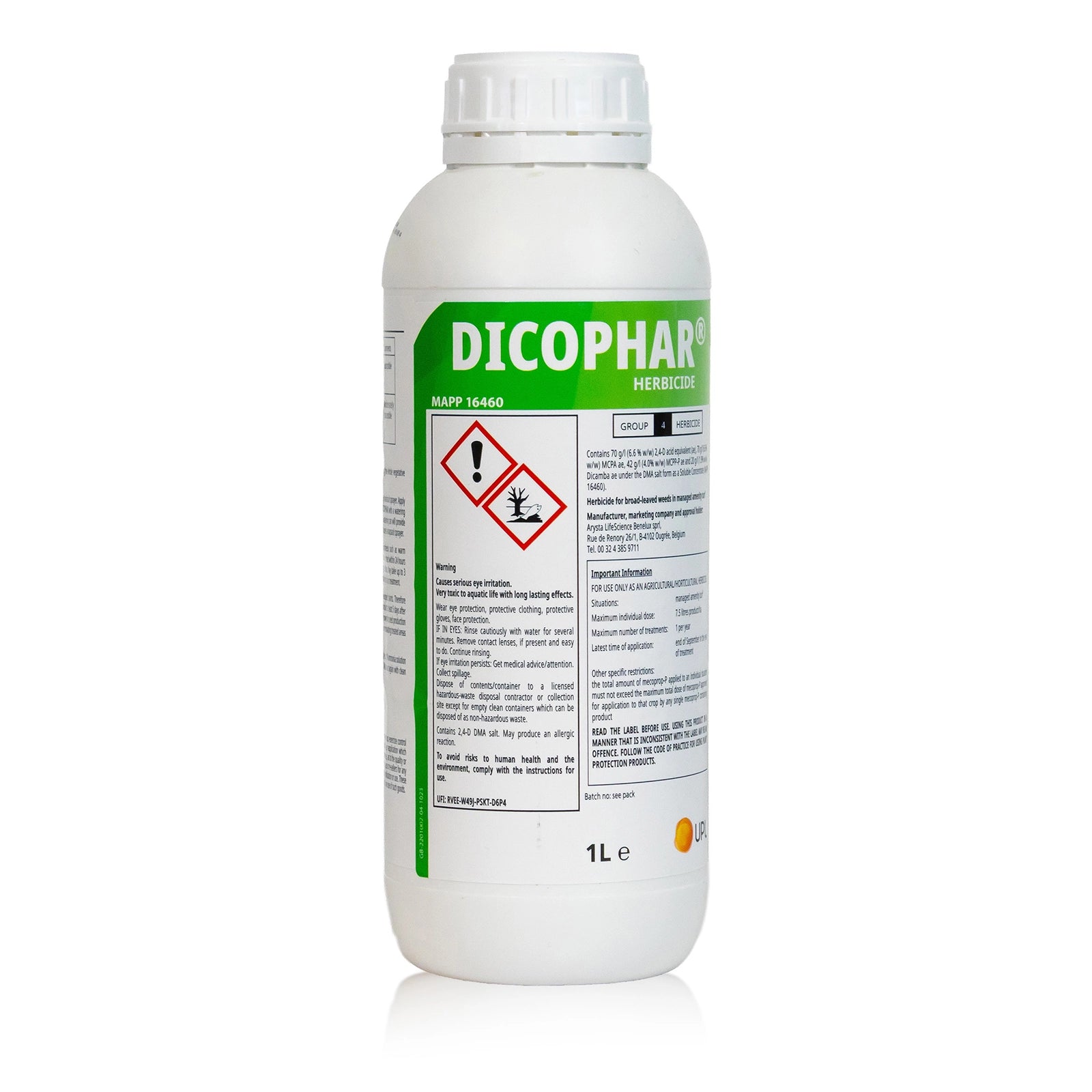 White bottle of Dicophar herbicide with green label on a white background