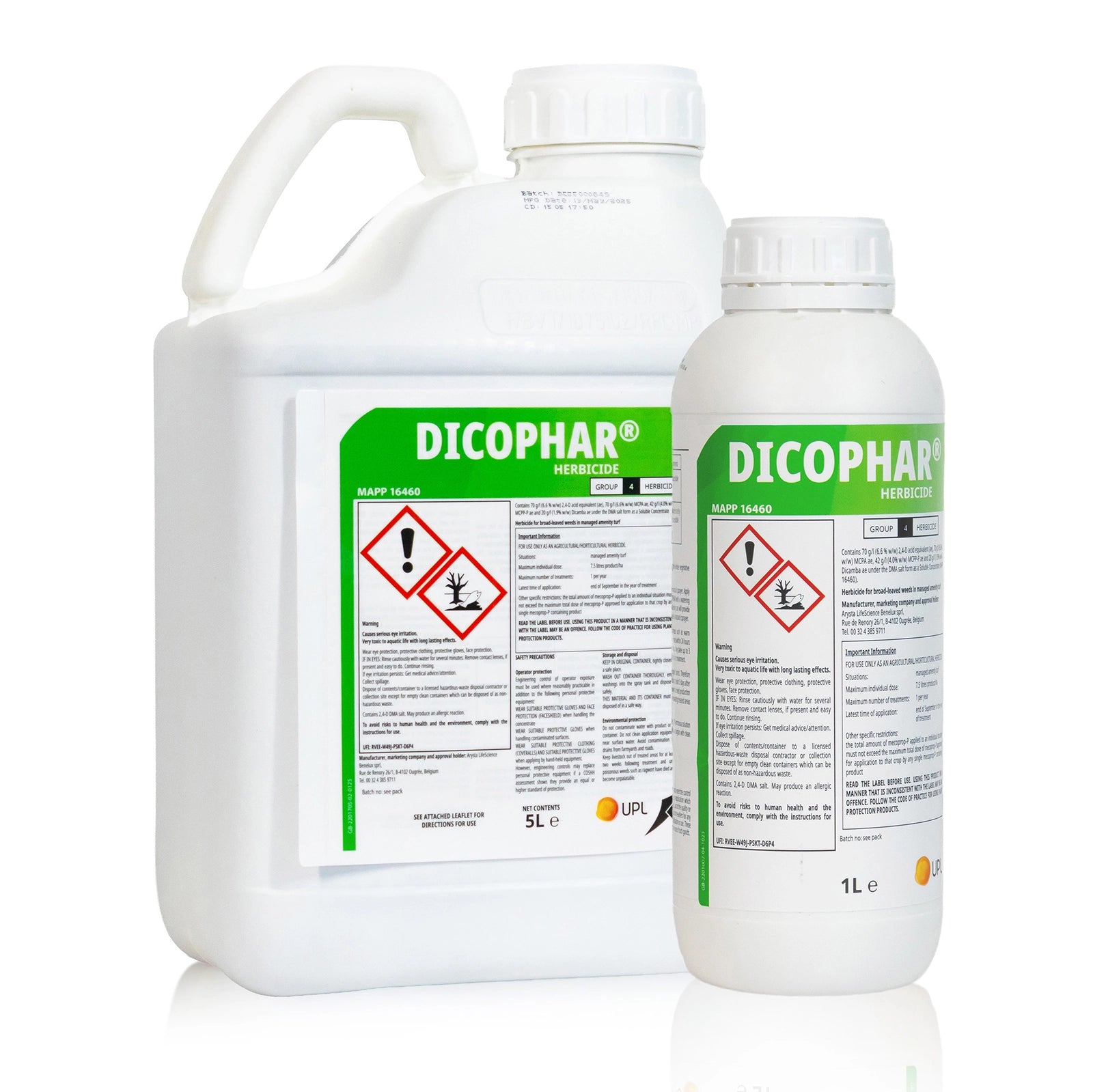 Two bottles of Dicophar herbicide on a white background