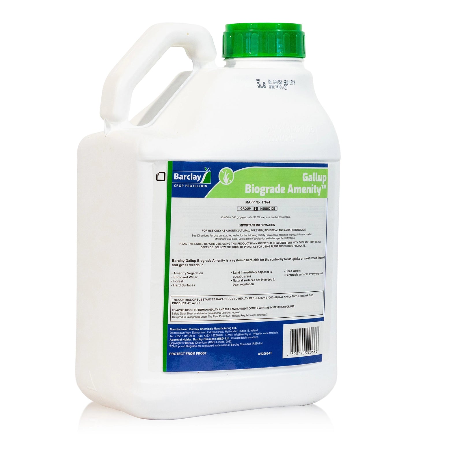 A 5 litre bottle of Gallp Biograde Amenity herbicide against a white background