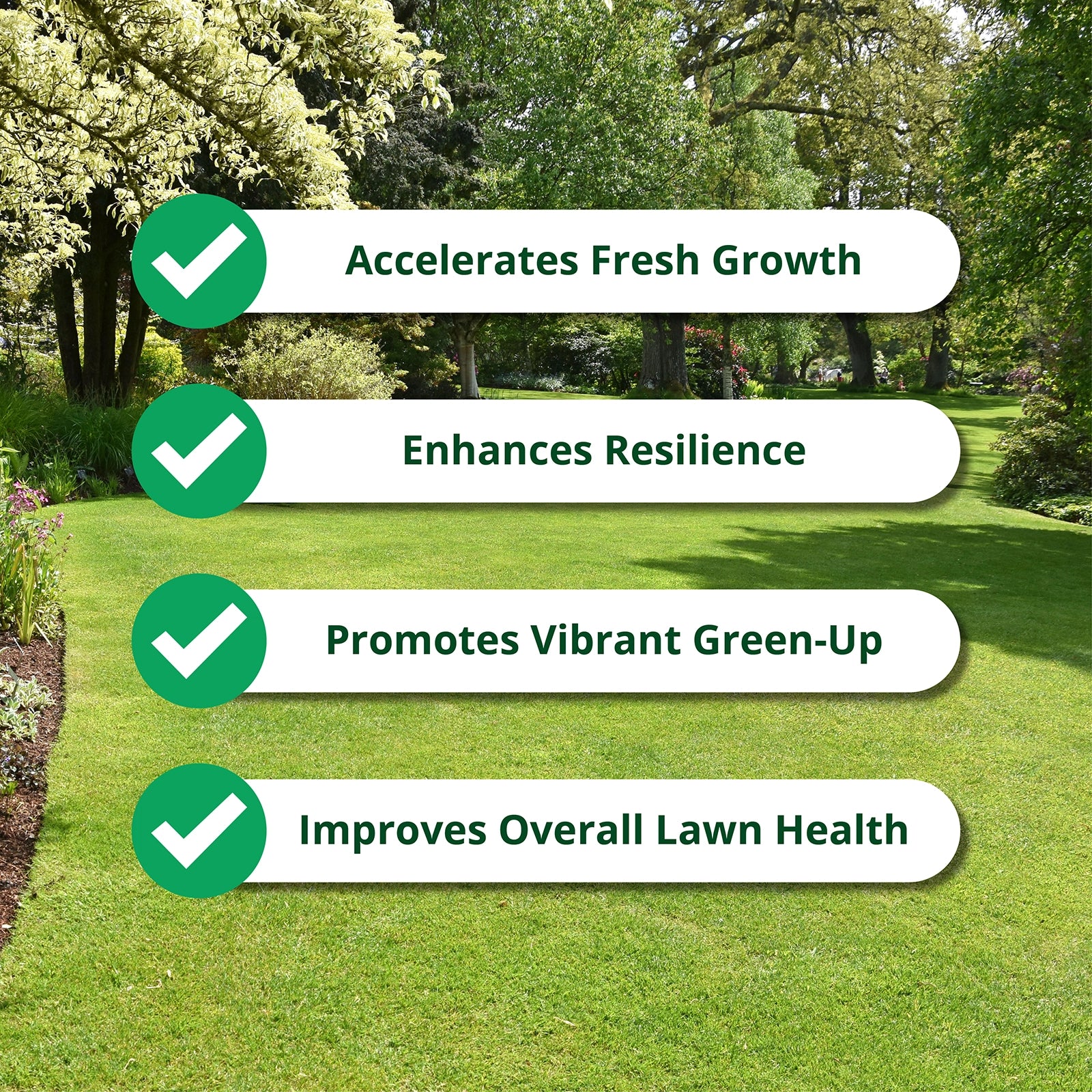 Lawn with text highlighting benefits on a green background