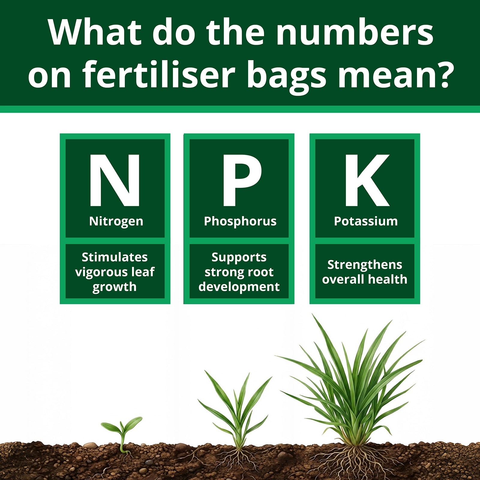 Explanation of N, P, K on fertilizer bags with plants and soil.