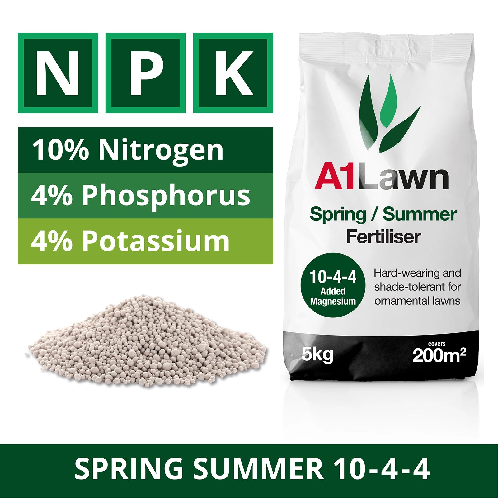 A1Lawn Spring/Summer fertiliser package with NPK label and fertilizer granules on a white background