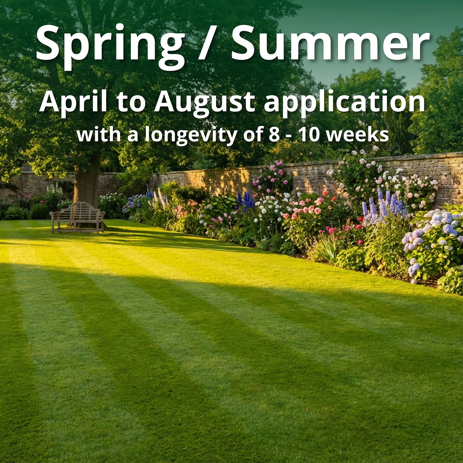Gardens with flowers and a bench, text overlay about spring/summer application period.
