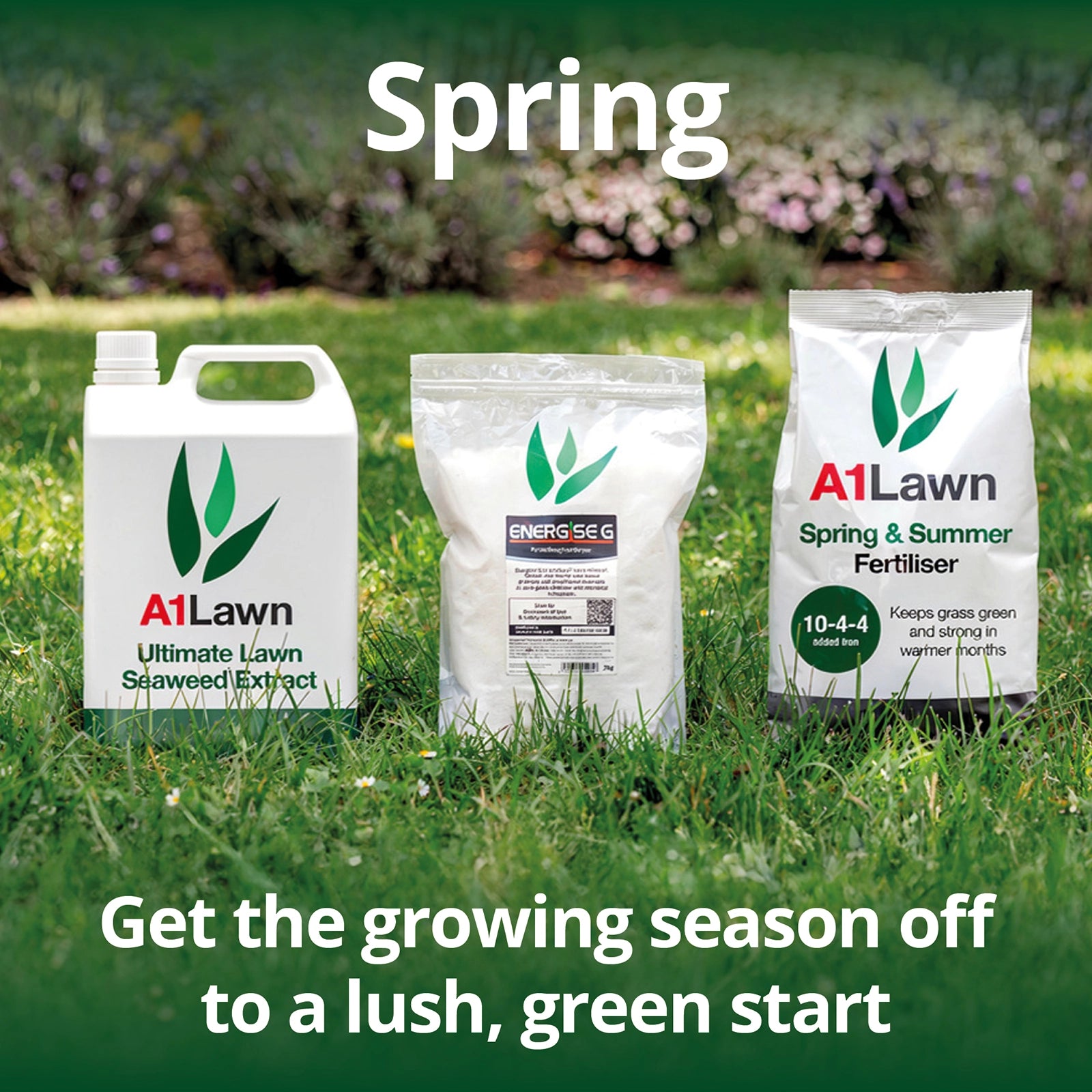 A1Lawn products on grass with text promoting a lush green start to the growing season.