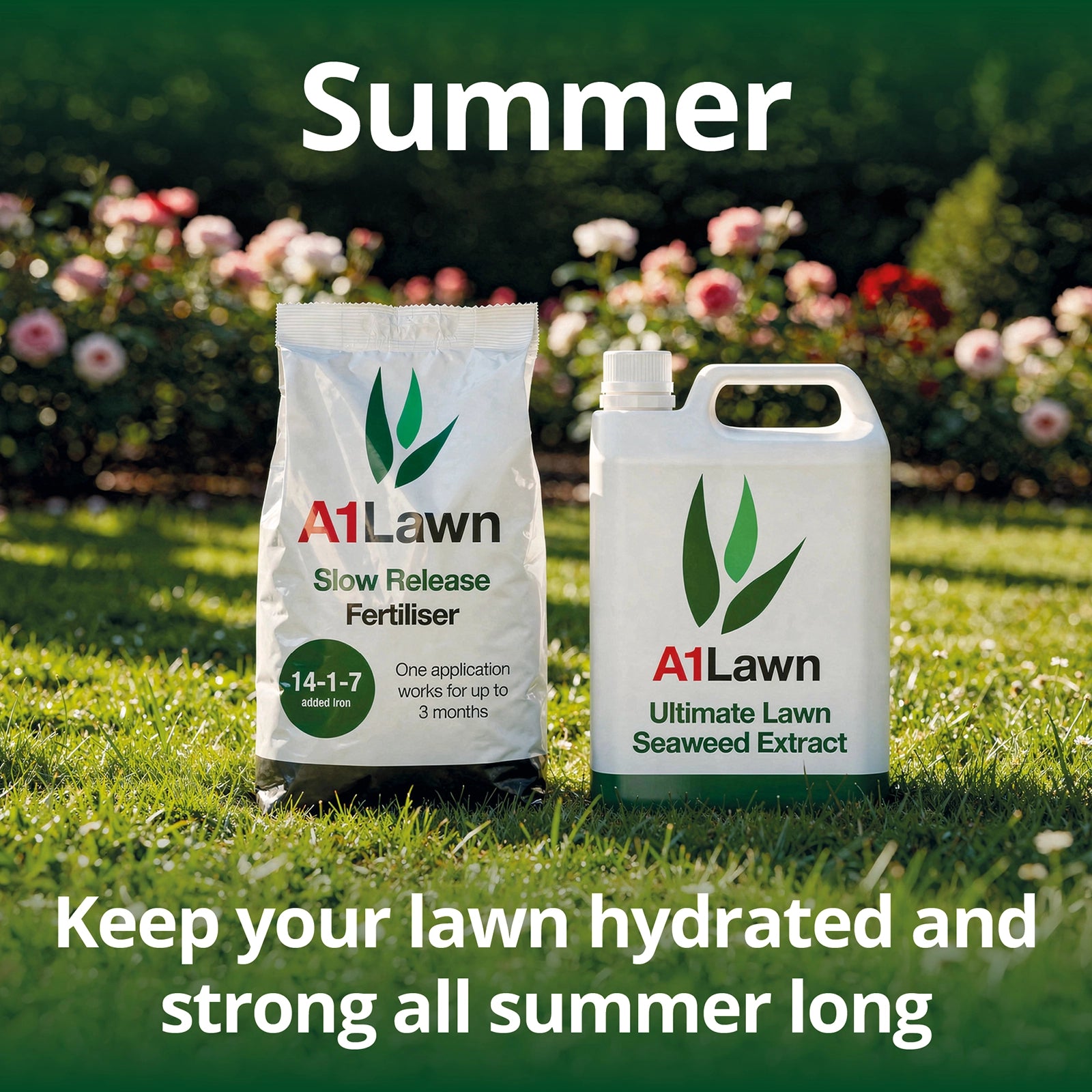 A1Lawn fertilizer and seaweed extract on a grassy background with flowers.