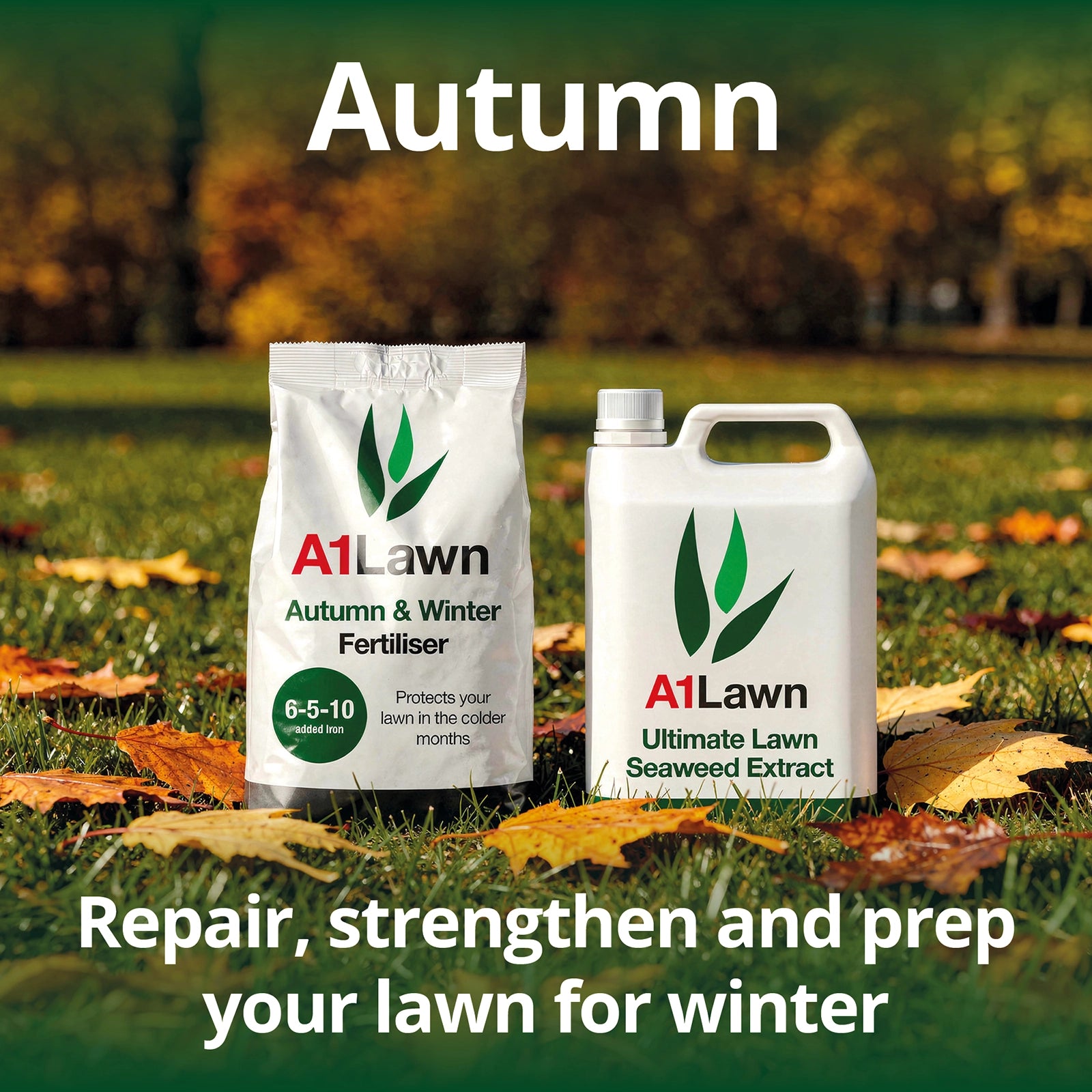 A1Lawn products for autumn lawn care on a grassy background with text promoting lawn repair and preparation.
