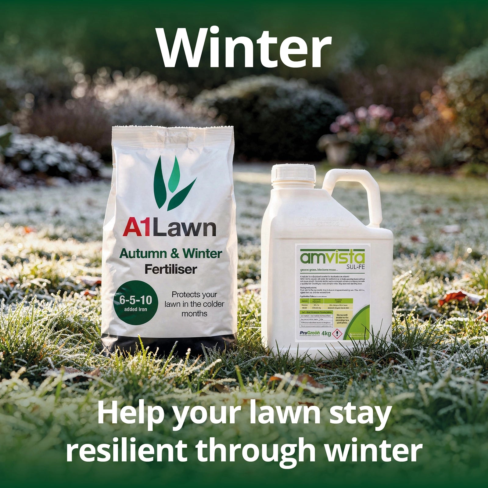 A1Lawn Autumn & Winter Fertiliser bag and Amvista product on a grassy background with 'Winter' text.