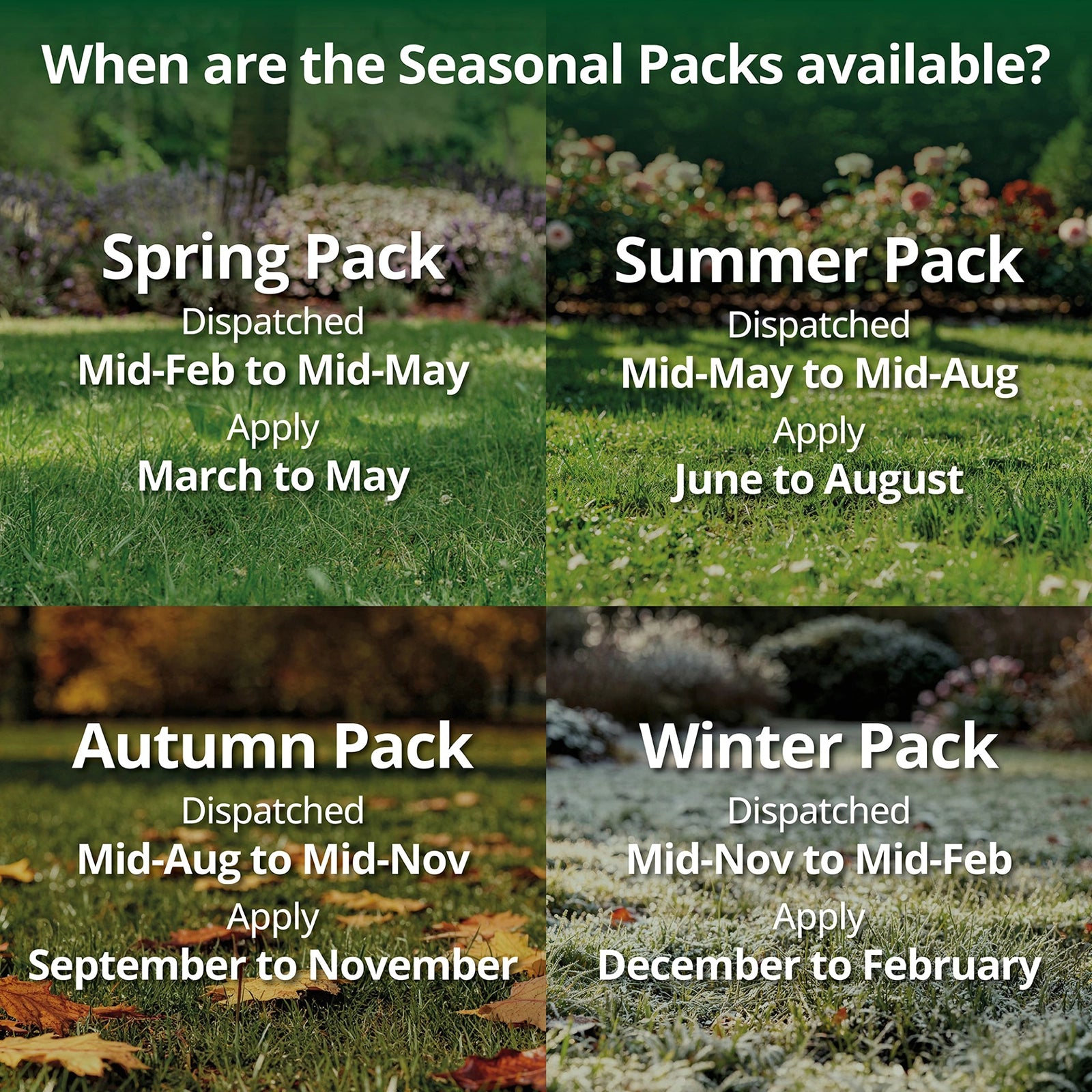 Calendar of seasonal packs with corresponding dates for dispatch and application.