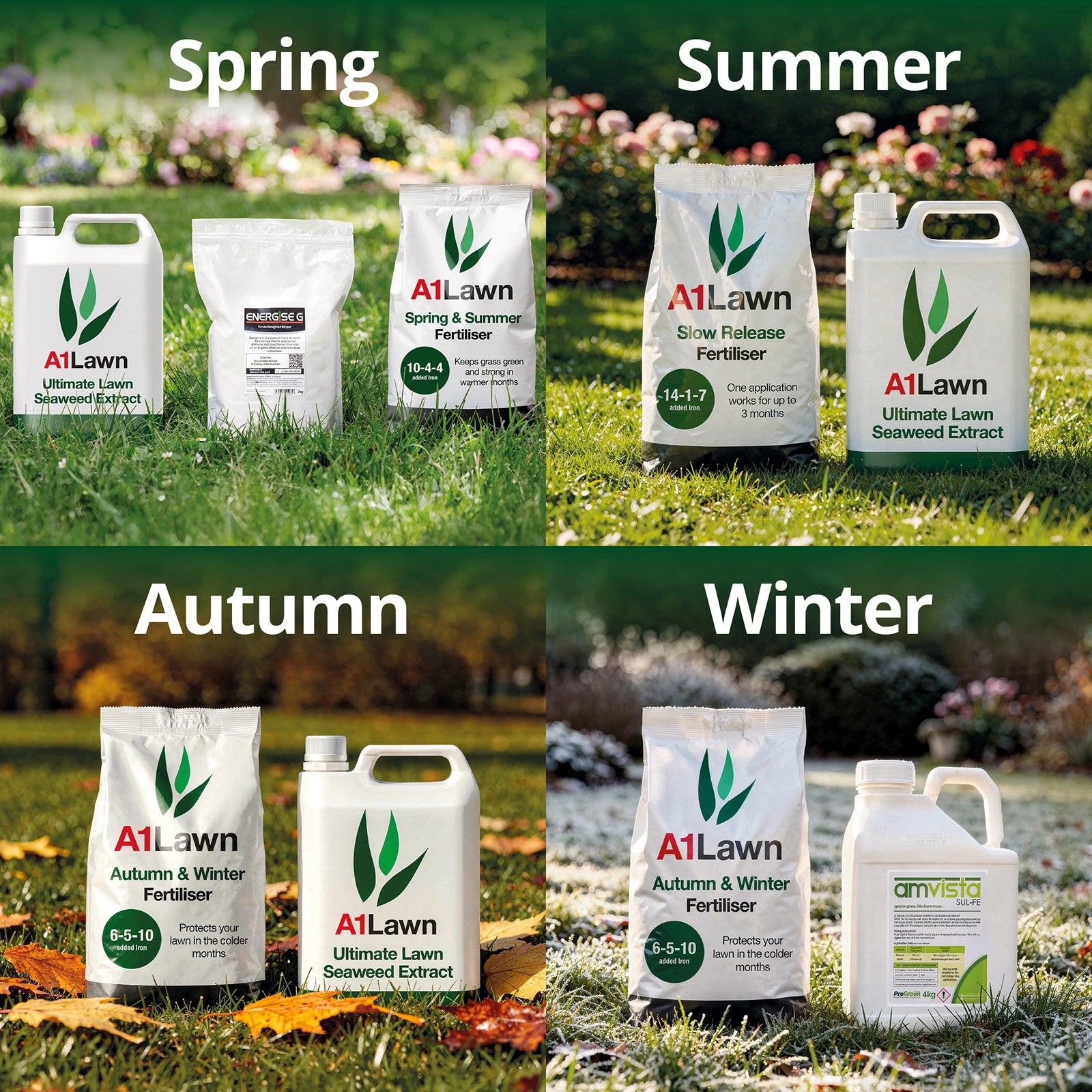 A1Lawn products for different seasons on grass backgrounds